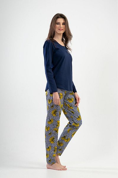 VİENETTA Set de pijamale din bumbac, cu mâneci lungi, cu jumătate de nasturi, cu gât rotund, albastru bleumarin pentru femei