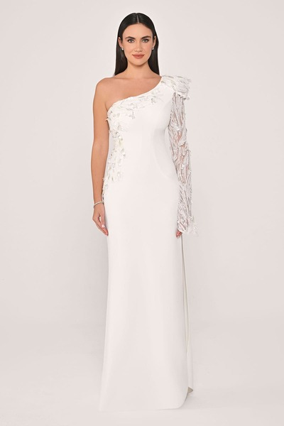 ALFABETA BEYAZ TEK KOL DANTEL DETAYLI ASİMETRİK YAKA  GÖGÜS KISMI İŞLEMELİ UZ...