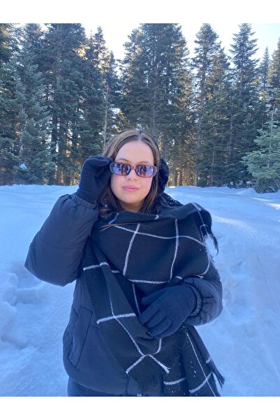 sema aksesuar Valentine's Day Gift Winter White Striped Black Scarf Shawl, Plush Earmuff and Gloves Set of 3