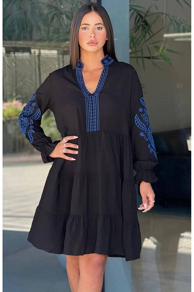 AYASOFYA OTANTIK Rochie de damă neagră cu guler cu plăcuță, cu detalii de broderie