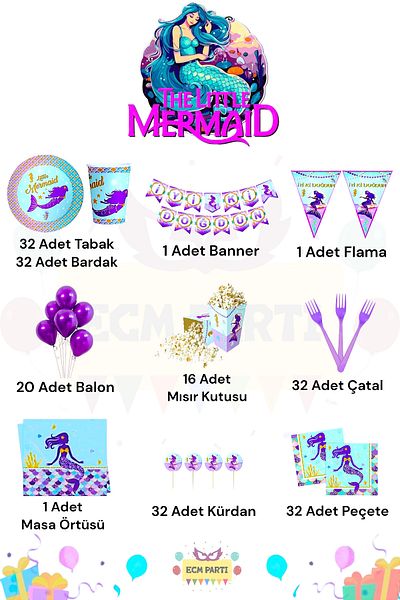 ECM PARTI Mermaid Themed Full Birthday Party Set for 32 People