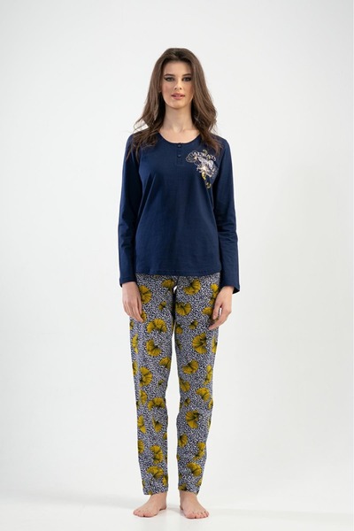 VİENETTA Жіночий темно-синій піжамний комплект з довгими рукавами, напівзастібкою, круглим коміром та овальним подолом, виготовлений з бавовняної тканини, повний комплект.