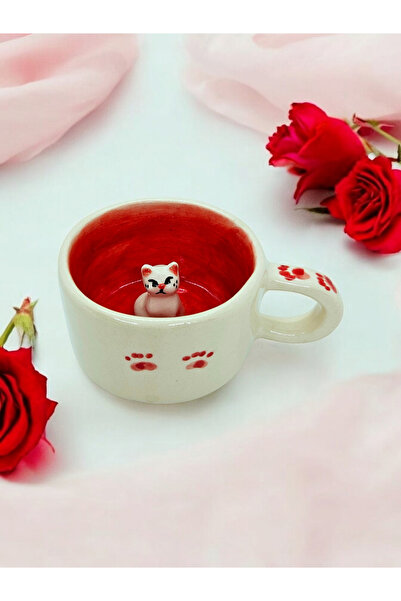 Soli Seramik El Yapımı Kedili Seramik Kupa, Kedi Figürü ile Özel Tasarım Kahve ve Çay Kupası,  Hediyelik Mug