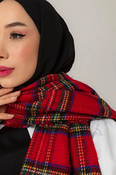 FLORA TEKSTİL Κόκκινο κασκόλ διπλής όψης με καρό σχέδιο - Σάλι 70x185 εκ. AŞK2373