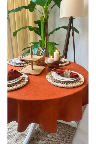 Decamor home Velvet Textured, Stain-Resistant, Tile-Colored Round Tablecloth (Napkin Not Included)