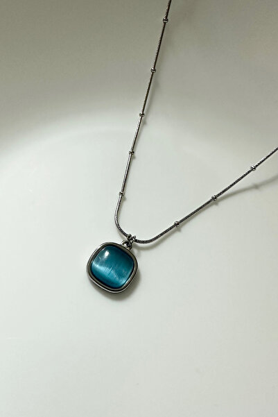 DELEIZA ACCESSORY قلادة من الحجر الأزرق الفضي العتيق من الفولاذ