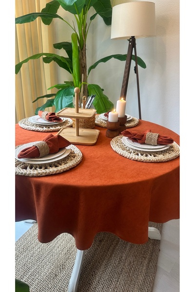 Decamor home Velvet Textured, Stain-Resistant, Tile-Colored Round Tablecloth (Napkin Not Included)