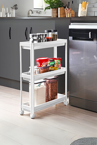 Hesaplı Kasa 3 Katlı Tekerlekli Beyaz Mutfak Rafı, Kitaplık, Düzenleyici Açık...