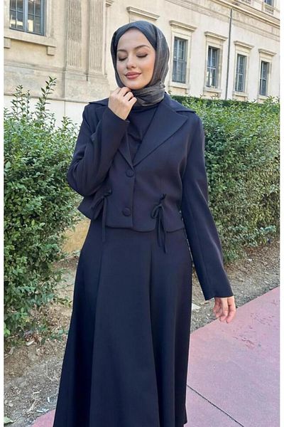 RFK Butik Navy Blue Women's Skirt and Jacket Set - Short Bow Detail