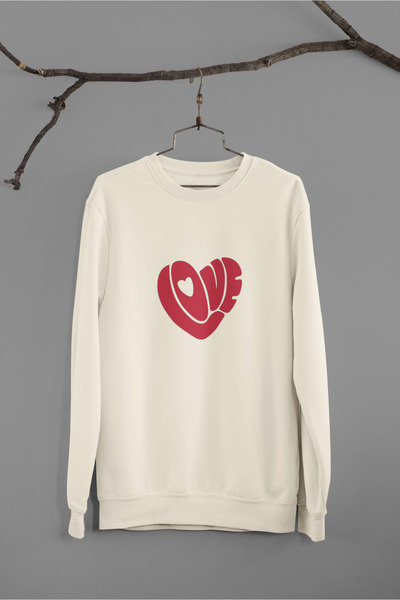 Butik سويت شيرت نسائي/بنات بأكمام طويلة 2 خيط خيط مطبوع عليه طبعة حب برقبة كرو