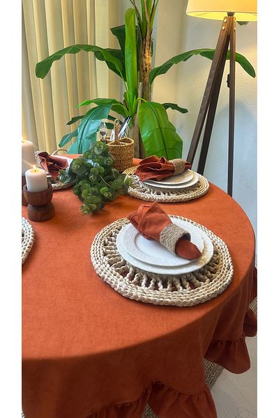 Decamor home Velvet Textured Laceless Stain Resistant Vintage Ruffled Brick Color Round Tablecloth
