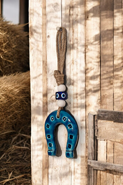 Revard Home Nazar Boncuklu Seramik Turkuaz At Nalı Figürlü Dekoratif Süs Eşyası 10X10 CM