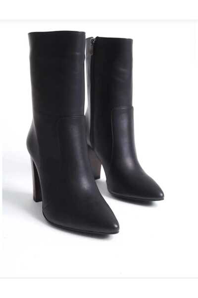 Limerence Kadın Fermuarlı Sivri Burun Topuklu Kısa Deri Bot-SİYAH