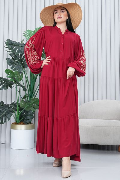 AYASOFYA OTANTIK Women's Burgundy Half Placket Ethnic Authentic Embroidery Detailed Long Sleeve Long Dress