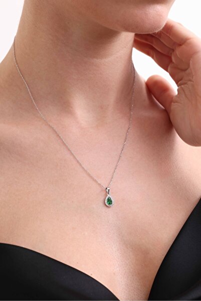 jingle bells Damla Zümrüt Renkli Zirkon Taşlı Kolye 925 Ayar Gümüş rodyum