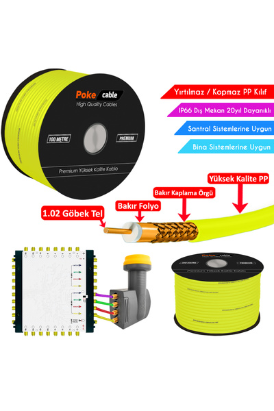 Genel Markalar Dış Mekan 100 Metre Politilien Anten Kablosu Gold Rg6/u4 64tel...