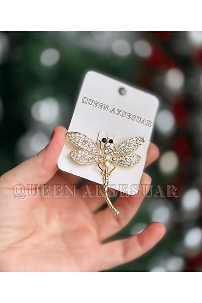 QUEEN AKSESUAR Lüks ışıltılı parlak kristal taşlı gold metal yusufçuk kelebek iğneli broş yaka aksesuar iğnesi