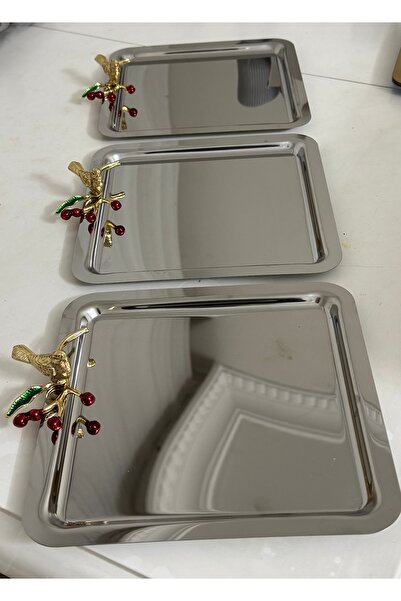 Elzemm store PASLANMAZ ÇELİK 3 ADET KARE  KUŞ AKSESUARLI SUNUM TEPSİSİ