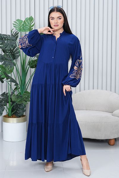 AYASOFYA OTANTIK Women's Navy Blue Half Placket Ethnic Authentic Embroidery Detailed Long Sleeve Long Dress