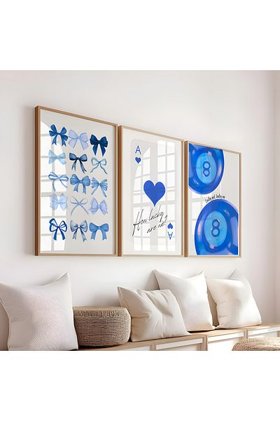 Home Set de 3 postere Blue Coquette Wall Art, Decor camera de zi, Decor camera adolescentului, fara rama