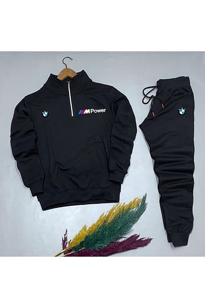 NewCabin Half Zipper Bmw Printed Cotton Black Sweat-cotton Black Sweatpants Set, Top and Bottom, 2-Piece