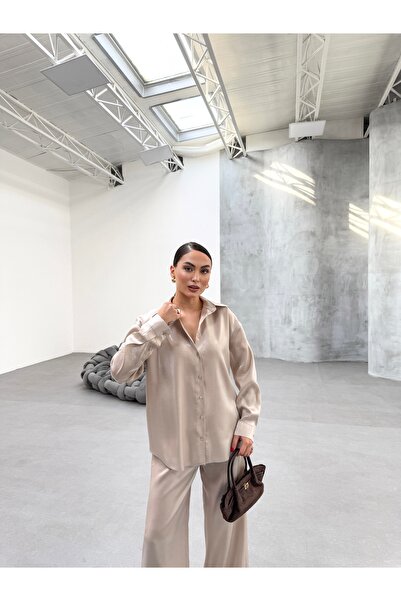 ENZOI Cream Sparkle I Satin Shirt Pants Set