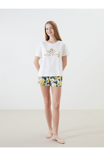 LC Waikiki Set de pijamale cu pantaloni scurți și pantaloni scurți pentru femei, cu gât albastru