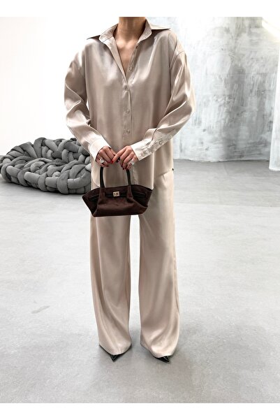 ENZOI Cream Sparkle I Satin Shirt Pants Set