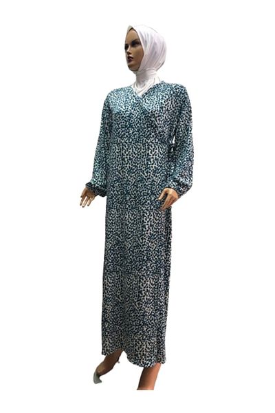 eflin Turquoise-Cream Patterned Hijab Prayer Dress - Wrapped Lace