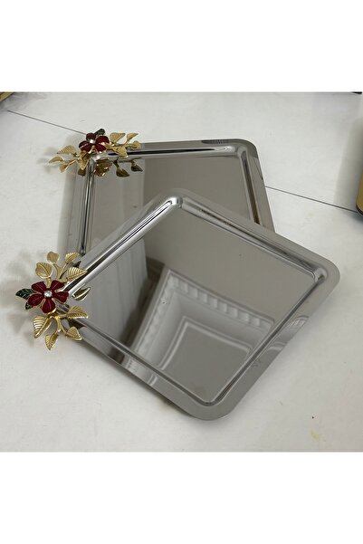 Elzemm store PASLANMAZ ÇELİK KARE 2 ADET KIRMIZI ÇİÇEKLİ SERVİS VE SUNUM TEPSİSİ