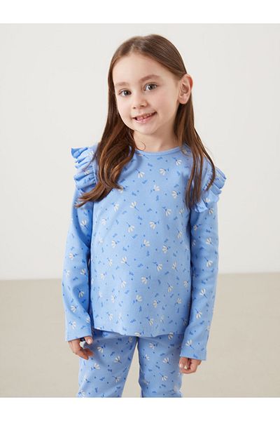 LC Waikiki Blue Crew Neck Floral Girl's Blouse and Tights 2-Piece