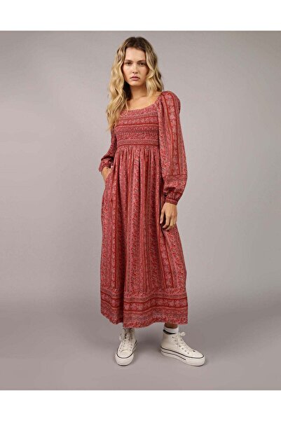 AMERICAN EAGLE AE Long-Sleeve Smocked Midi Dress