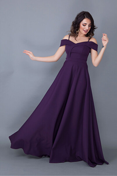 RURIS Kadın Mürdüm Askılı Düşük Omuz Detay Kloş Maxi Boy Abiye ve Mezuniyet Elbisesi