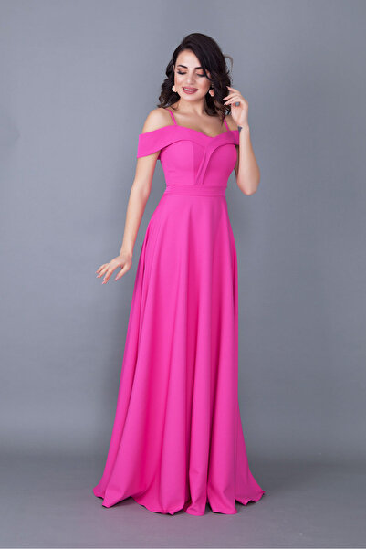 RURIS Kadın Fuşya Askılı Düşük Omuz Detay Kloş Maxi Boy Abiye ve Mezuniyet Elbisesi
