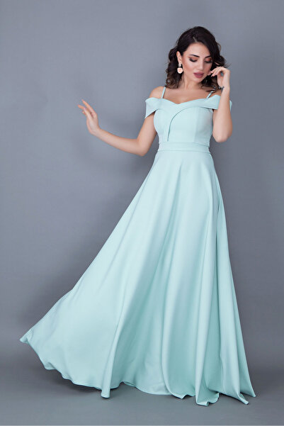 RURIS Kadın Mint Yeşil Askılı Düşük Omuz Detay Kloş Maxi Boy Abiye ve Mezuniy...