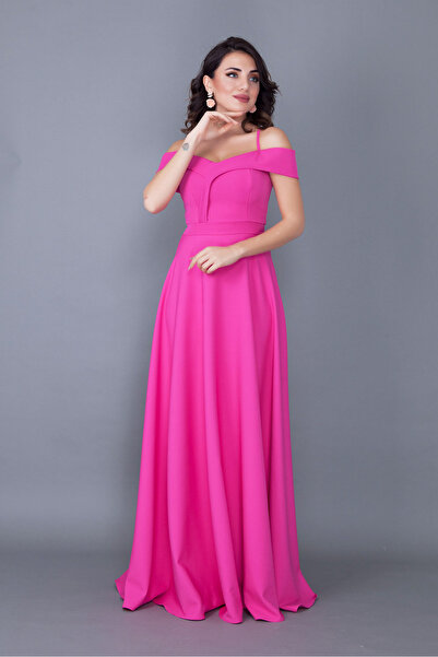 RURIS Kadın Fuşya Askılı Düşük Omuz Detay Kloş Maxi Boy Abiye ve Mezuniyet Elbisesi