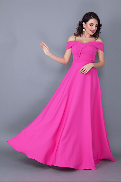RURIS Kadın Fuşya Askılı Düşük Omuz Detay Kloş Maxi Boy Abiye ve Mezuniyet Elbisesi