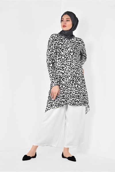 TRENDTESETTÜR Women's Black (Black-Grey) Asymetric Cut Leopard Pattern Tunic 4918