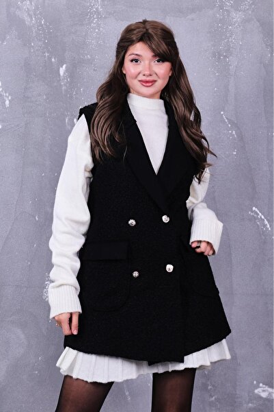 MİSS M.A.T FASHİON Bucket Pon Pon Fabric with Pocket Cover Crossbody Collar 4 Button Vest