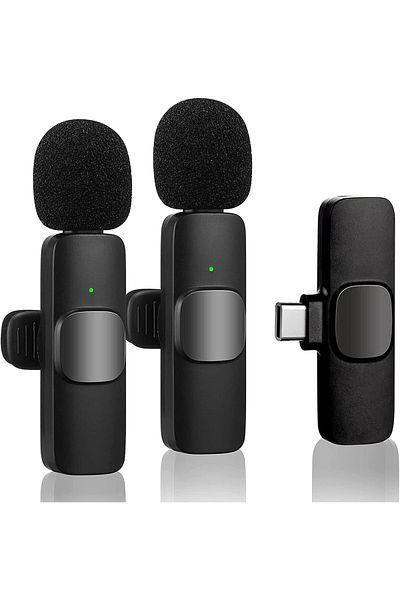 AWH ميكروفون لاسلكي للهاتف (USB-C) - ميكروفون مزدوج للتسجيل والبث المباشر والتدوين المرئي (أسود).