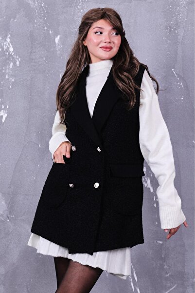 MİSS M.A.T FASHİON Bucket Pon Pon Fabric with Pocket Cover Crossbody Collar 4 Button Vest