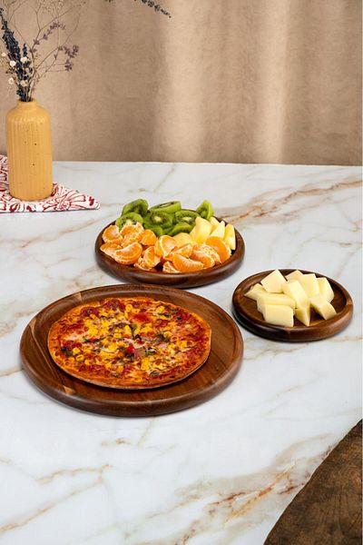 emir home shop Set of 3 Round Acacia and Plates - Presenter and Catering Special Service