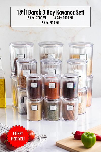 EWs 18-Piece Baroque Round Jar Set - 3 Sizes Storage and Food Container (6*2000 ML, 6*1000 ML, 6*500 ML)