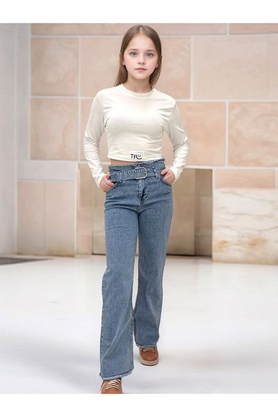 Jannock Pantaloni din denim din bumbac pentru fete - cu talie elastică, funcționali cu 4 buzunare