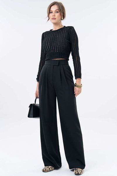 Saade Black High Waist Velcro Closure Double Pleat Woven Palazzo Pants