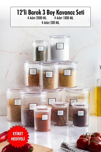 EWs Set of 12 Baroque Round Jars - 3 Sizes Storage and Food Containers (4*2000 ML, 4*1000 ML, 4*500 ML)