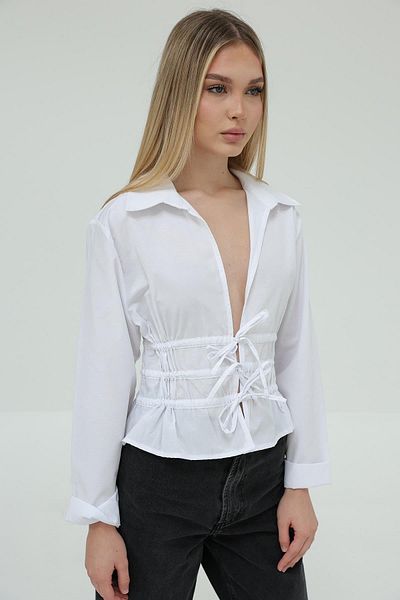 Le Savu Shilsee Women's - White, Lace-Up Elastic Waist, Collared Long Sleeve Blouse