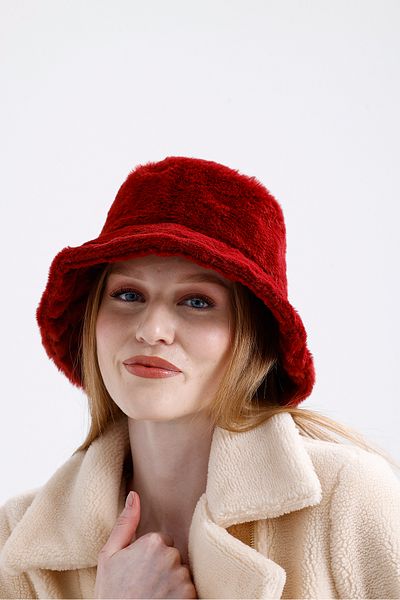 nord arc Burgundy Winter Women's Vegan Fur Plush Bucket Bucket Hat