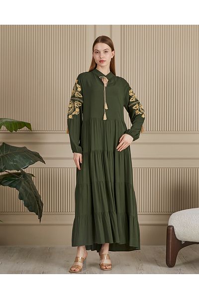 AYASOFYA OTANTIK Γυναικείο Χακί Πατιλέτα Λαιμόκοψη Μανίκια Ethnic Αυθεντικό Κέντημα Λεπτομερές Μακρυμάνικο Φόρεμα