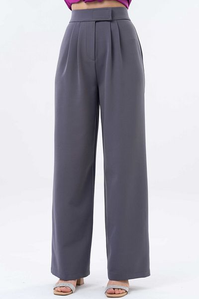 Saade Anthracite High Waist Velcro Closure Double Pleat Woven Palazzo Pants
